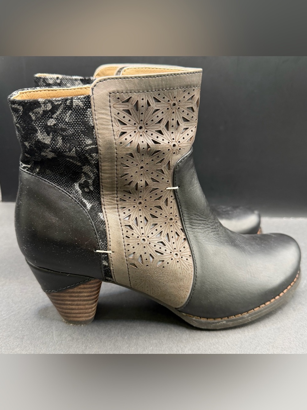 L'ATISTE Black and Taupe Laser-Cut Ankle Bootie, Size:37